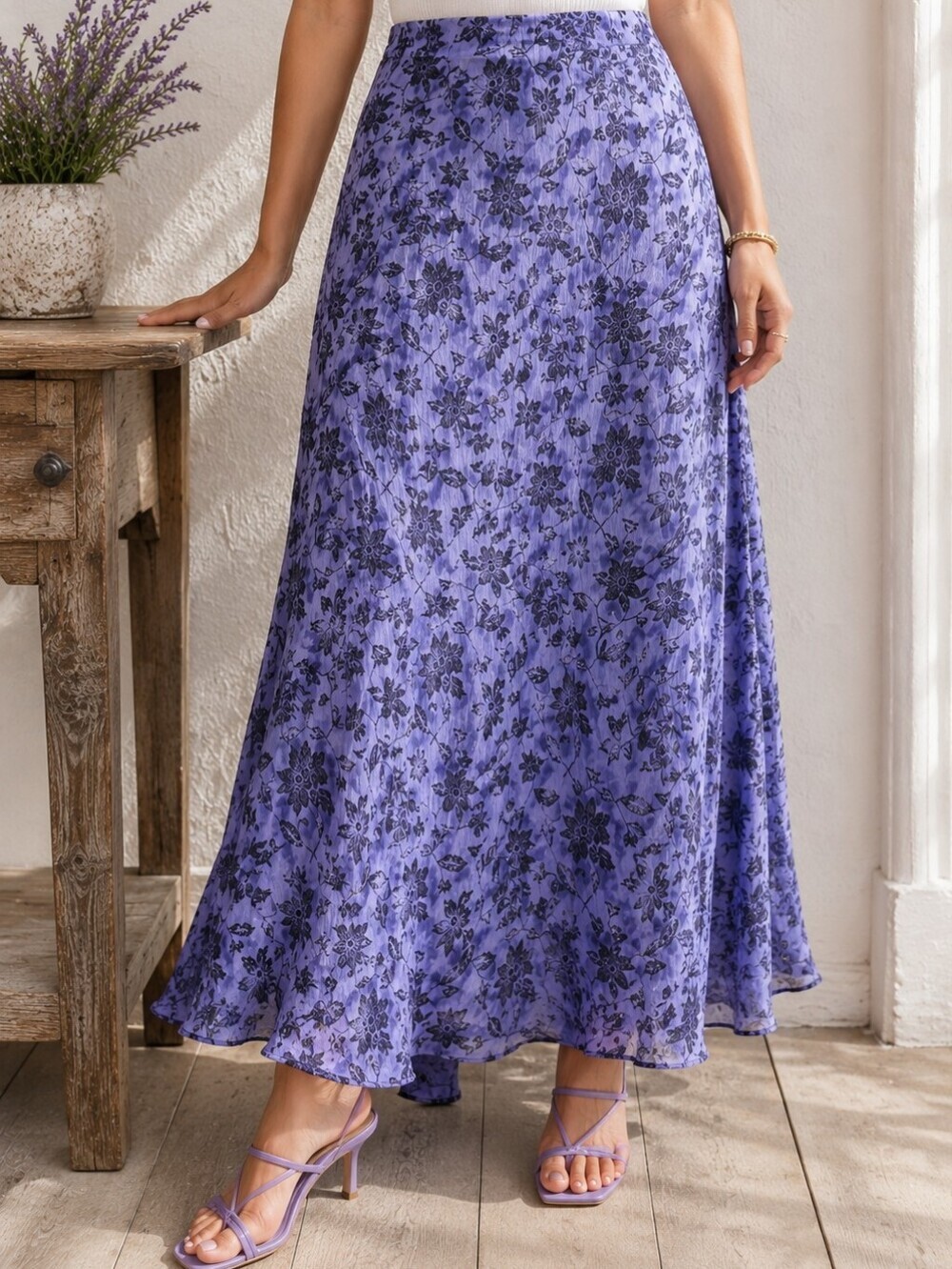 Red Threads Crinkle Rayon Purple Floral Maxi Skirt L Watercolour